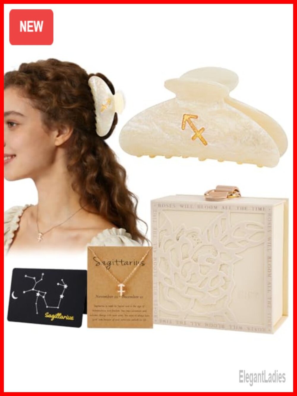 Sagittarius Gift Set - Zodiac Necklace & Marble Acrylic Hair Claw Clip with Card